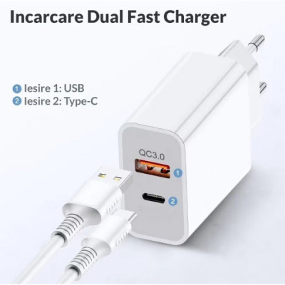 Incarcator Rapid Universal ZK-05 cu 2 Porturi Usb 3.0A si Usb C 3.4A