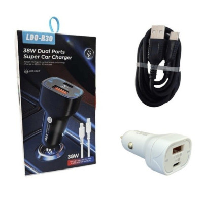 Incarcator Priza Auto PD 20W cu Doua Porturi Usb Standard A - Usb C si Cablu Usb LDO-R30