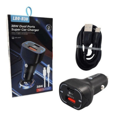 Incarcator Priza Auto PD 20W cu Doua Porturi Usb Standard A - Usb C si Cablu Usb Lightning LDO-R30