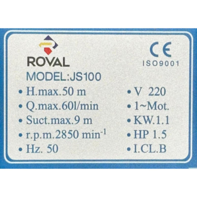 Pompa de Suprafata Roval - Inox - JS100 - 1 -1 KW - 1 -5 CP - H.MAX 45M