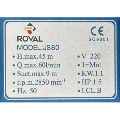 Pompa de Suprafata Roval - Inox - JS80 - 1 -1 KW - 1 -5 CP - H.MAX 45M